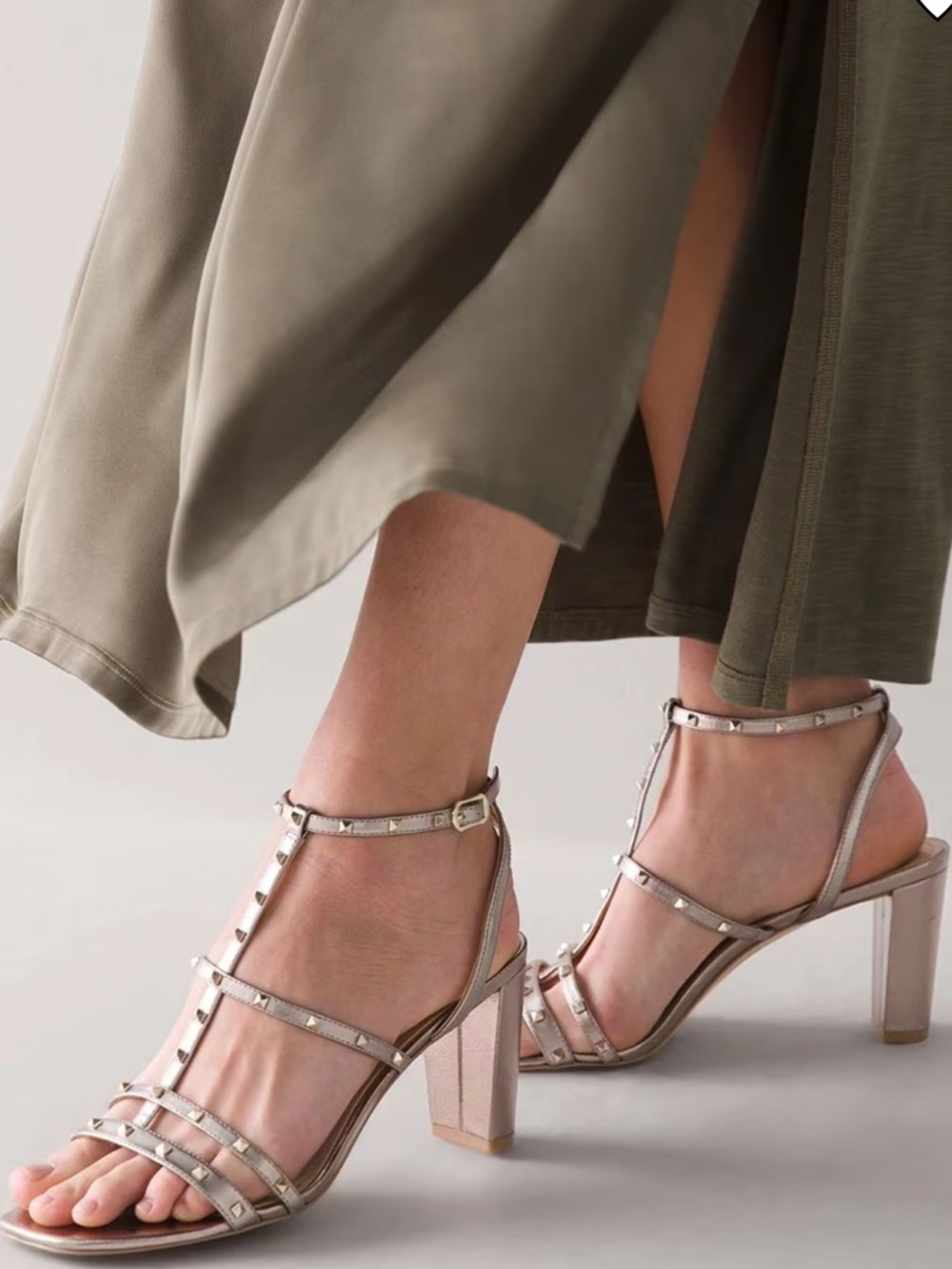 WHBM Studded Metallic Block Heel Sandals -Brooklyn metallic
